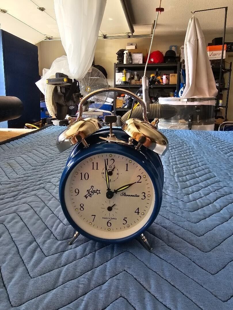 Twin Bell Alarm Clock 4" Blue and Silver with Ivory colored face