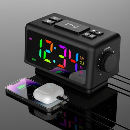 UAEBM Perpetual Calendar FM Radio Alarm Clock RGB Colorful Mirror Large Screen Display Electronic Clock Suitable for Giving Holiday Gifts Black