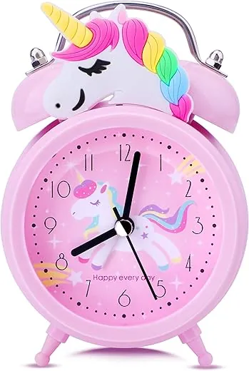 Unicorn Alarm Clock for Girls Kids, Cute Bedroom Decoration, Non Ticking Silent Second Hand, w/Backlight Super Loud Twin Bell, for Kids Unicorn Gifts (Pink)