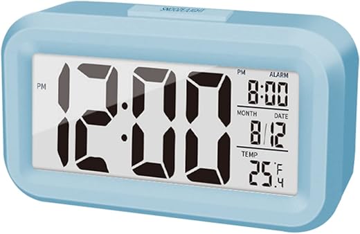 Upgraded Digital Alarm Clock, 4.3 LED Display with Temperature Larger Lound Light Control Portable Snooze Calendar Brightness with Battery Powered Alarm Clocks Bedside for Everyone (Blue)