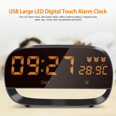 USB Large LED Digital Touch Alarm Clock with Night Light Temperature Snooze Function Black