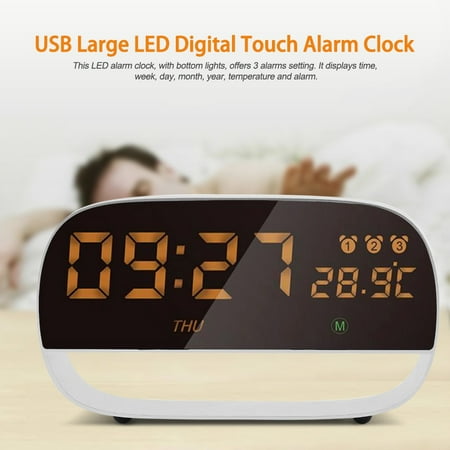 USB Large LED Digital Touch Alarm Clock with Night Light Temperature Snooze Function Silver