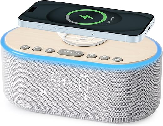 uscce Alarm Clock Bluetooth FM Radio: 10W Stereo Sound Speaker - Fast Wireless Charging for iPhone Samsung - Dimmable Clock Radio for Bedroom