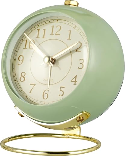 Vintage Alarm Clock, Non Ticking, Silent Bedside Clock with Loud Alarm for Heavy Sleepers, Cute Decor and Gifts, Battery Opreated Quartz Clock, Green