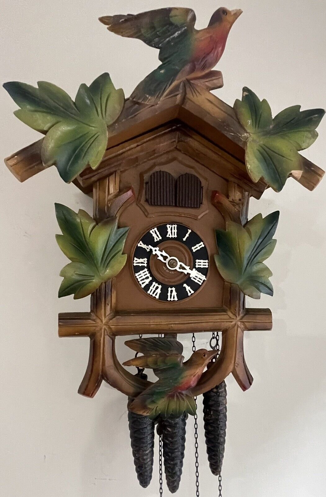 Vintage Colorful Bird Leaves Black Forest Weight Driven Musical Cuckoo Clock