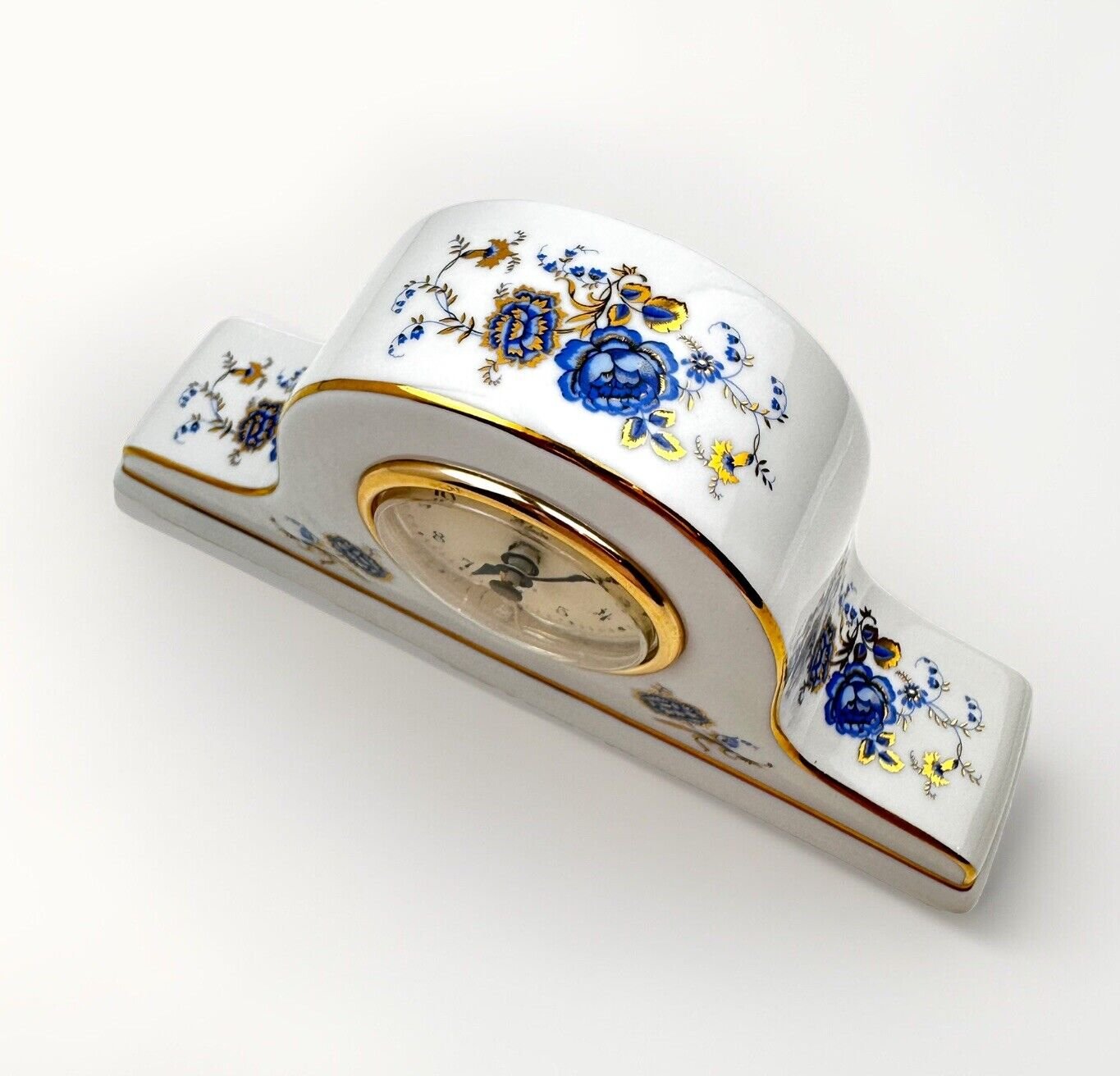 Vintage Elgin Mantle Table Clock Quartz Ceramic Porcelain Blue Flowers 9" Works!