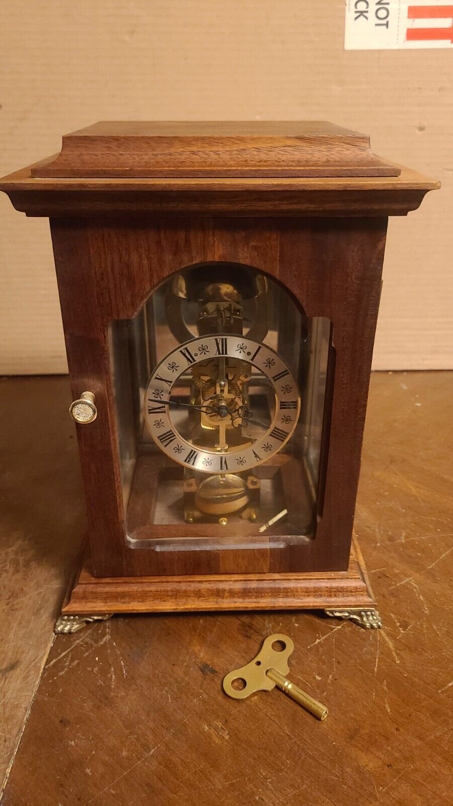 Vintage Franz Hermle Germany Wood Skeleton Mantle Clock 791-681 & Key PICS