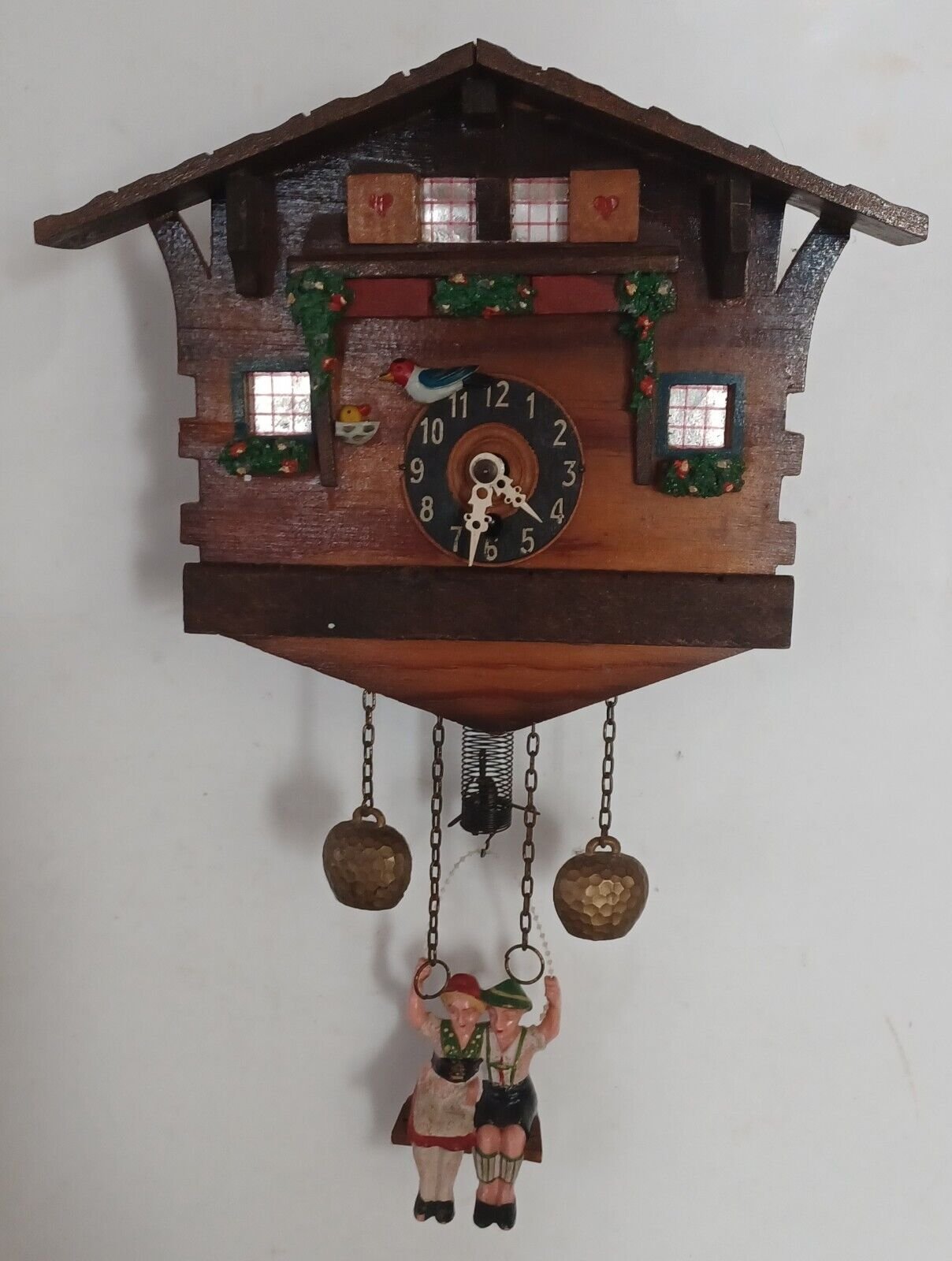 Vintage German SWISS CHALET CUCKOO CLOCK With Rare Bouncing Swinging Girl & Guy!