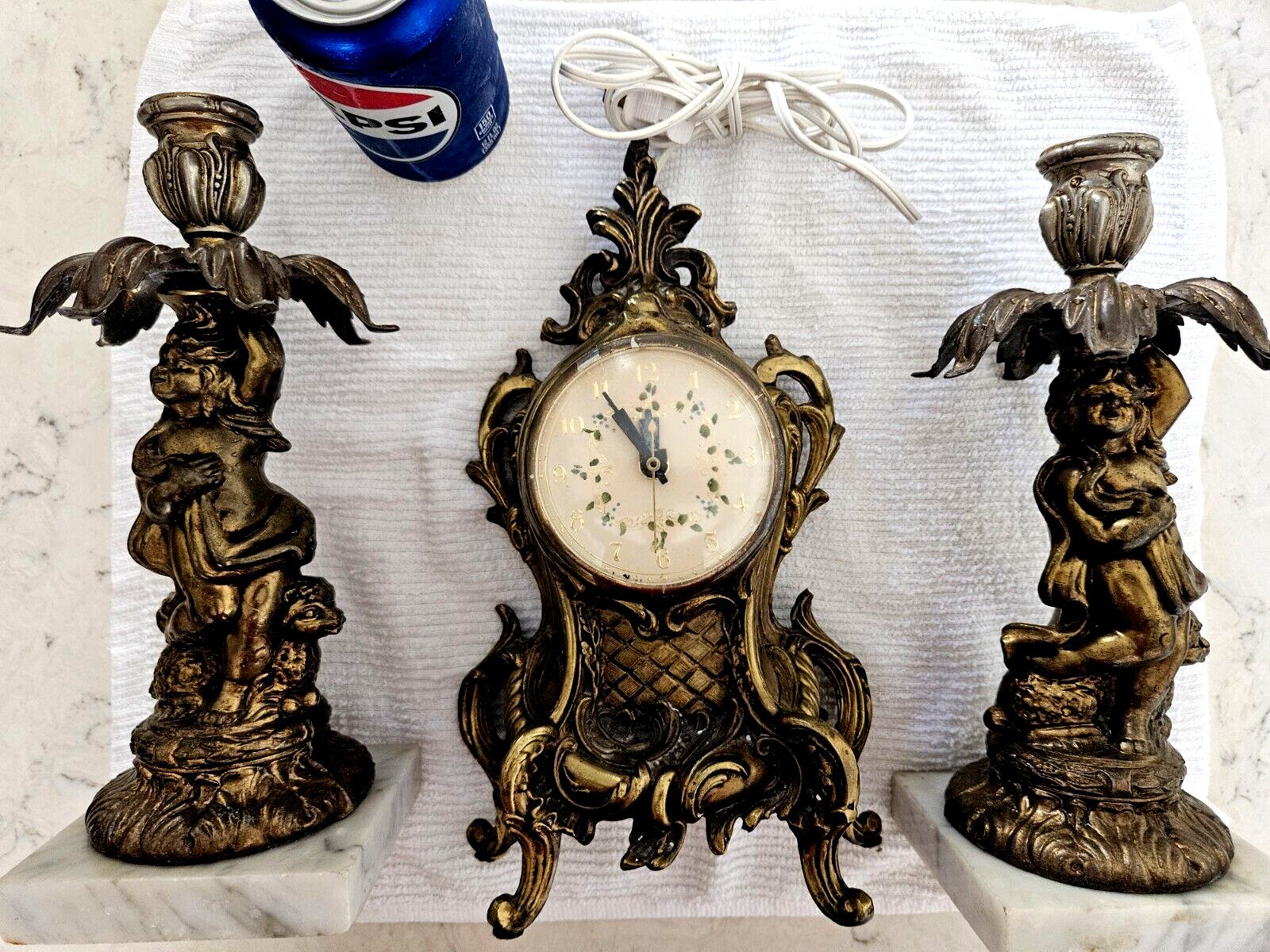 Vintage Mantle solid Brass Clock With Matching Candelabras and marble base 10.5"