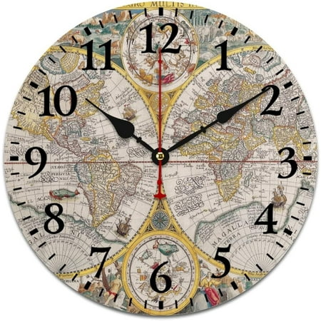 Vintage Old World Map Clocks Vintage Wanderlust Pirate Map Desk Clock Silent Non-Ticking Quartz Battery Operated Home Office School Decoration Arabic Numeral 12 Inch Round