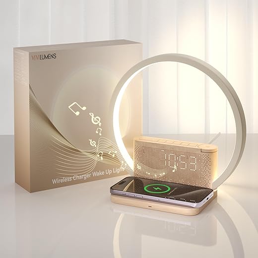 Vivilumens Sunrise Alarm Clocks Wireless Charger, 10 Sound Machine Alarm Clock with 30/60/90 Mins Timer, 3 Levels Touch Night Light, Dual Clocks for Heavy Sleepers, Great Ideal Gifts for Women or Men