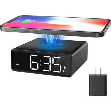 VOCOO Alarm Clock Wireless Charging, Clear LED Metal Wireless Charger Clock for Bedside Bedroom Office Compatible with All Qi-Certified iPhone, Android - Black