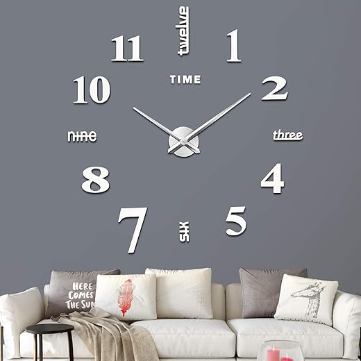 VREAONE Frameless DIY Wall Clock,Large Modern 3D Mirror Wall Clock Decor Sticker Clock kit for Home Living Room Bedroom Office Wall Decorations(Silver)