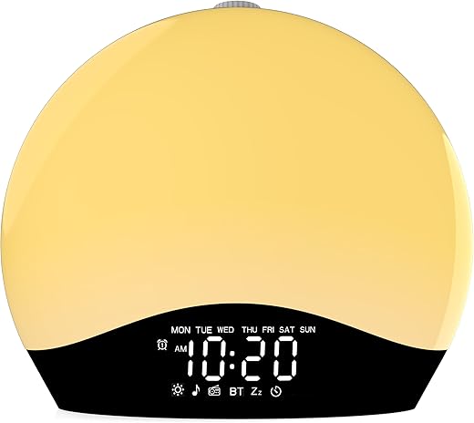 Wake Up Light Sunrise Alarm Clock for Kids, Heavy Sleepers, Bedroom, Bluetooth Speaker Sound Machine with 22 Natural Sounds, White Noise, Dual Alarms, FM Radio, 17 Color Night Lights, Ideal for Gift