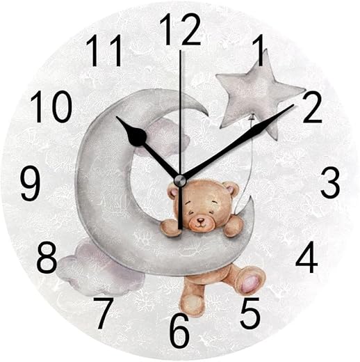 Wall Clock for Living Room Decor Cute Teddy Bear Star Moon PVC 9.8 Inch Hanging Round Desk Clocks Silent Non-Ticking Battery Operated Easy to Read Bathroom Kitchen Office