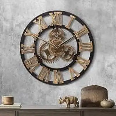 Wall Clock Gears Gold Giant Industrial Wood 58cm Quartz Wall Pendulum Numerals Silent for Living Room Bar Restaurant