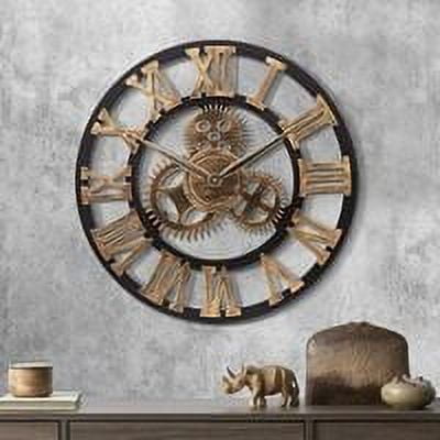 Wall Clock Gears Gold Giant Industrial Wood 58cm Quartz Wall Pendulum Roman Numerals Silent for Living Room Bar Restaurant