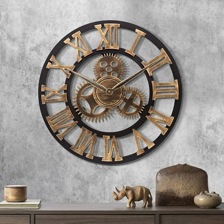 Wall Clock Gears Gold Giant Industrial Wood 58cm Quartz Wall Pendulum Roman Numerals Silent for Living Room Bar Restaurant