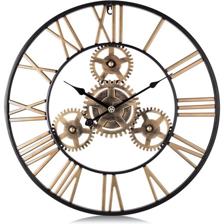 Wall Clock Gears Gold Giant Metal Industrial 50cm Quartz Wall Pendulum Roman Numerals Silent for Living Room Bar Restaurant