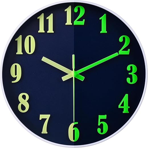 Wall Clock, Glow in The Dark Wall Clock 3D Numbers Wall Clocks Battery Operated, Glow in The Dark Clock for Living Room Bedroom Bathroom (Blue, 12 Inch)