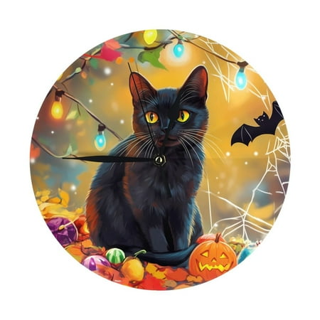 Wall Clock, Halloween Colorful Maple Leaf Black Cat Wall Clocks Battery Operated Silent Kitchen Office Wall Clock Decorative, Wall Clock for Living Room School Classroom Bedroom Home Decor