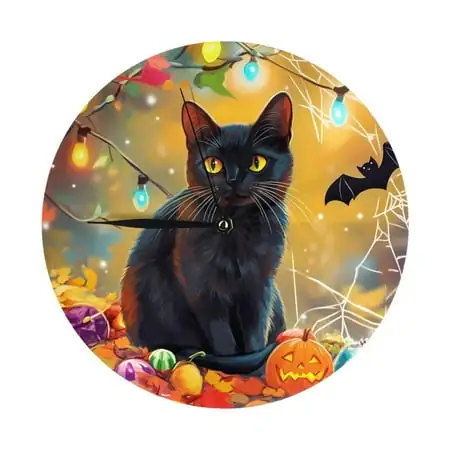 Wall Clock, Halloween Colorful Maple Leaf Black Cat Wall Clocks Battery Operated Silent Kitchen Office Wall Clock Decorative, Wall Clock for Living Room School Classroom Bedroom Home Decor