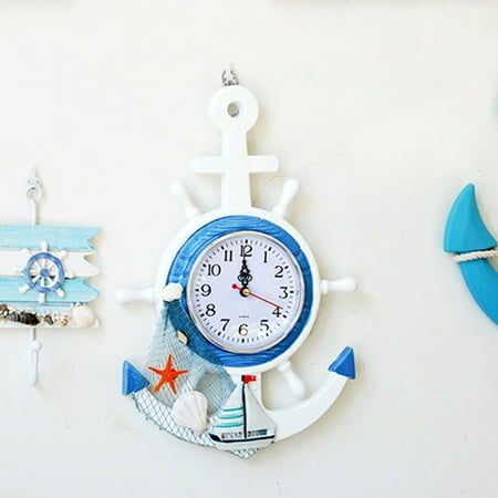 Wall Clock Mediterranean Style Anchor Clock Beach Sea Theme Wall Hanging Decoration (Blue and White)