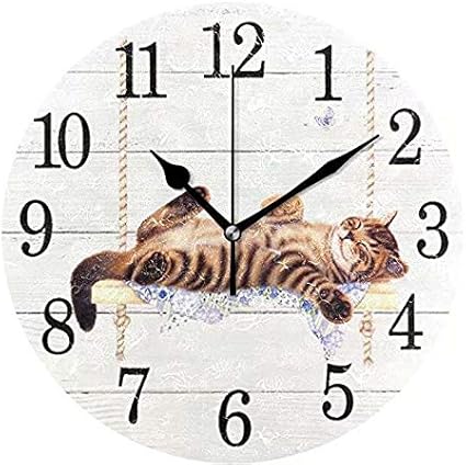 Wamika Round Wall Clock Cat on Swing White Vintage Wooden Clock Silent Non Ticking Wall Decorative,Kitty Cute Cats Flowers Butterfly Clocks 10 Inch Battery Operated Quartz Quiet Desk Clock for Home