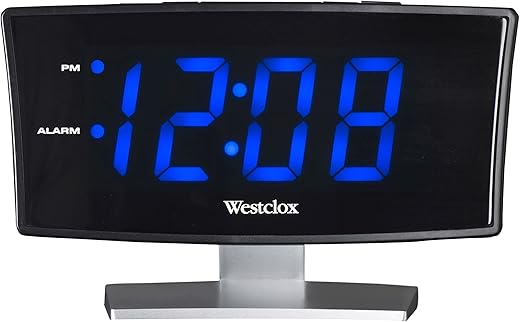 Westclox 1.8 Basic Curved LED Display Digital Alarm Clock (Blue) for Bedside Table Or Large Desk, Small Electric Clocks with Low Light, Modern Bedroom Nightstand Decor, 7w 4h 2.2D