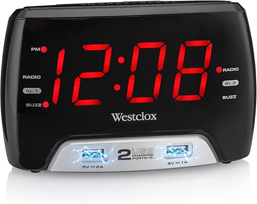 Westclox Basic Large 1.4” red LED Digital FM Clock Radio 2 USB Charging Port with Fast Charge for Bedroom, Home or Office – Model# 80227WM