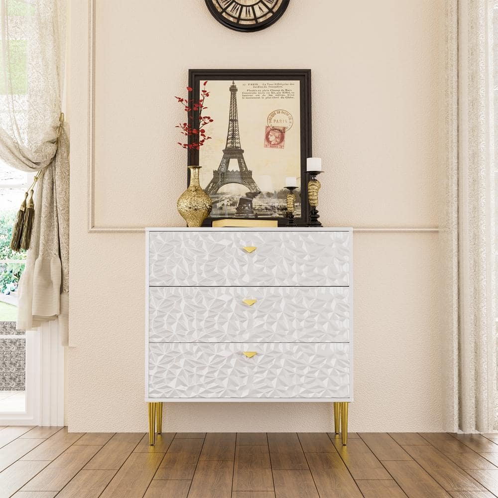 White 3-Drawer Wood Nightstand with Tapered Support Legs