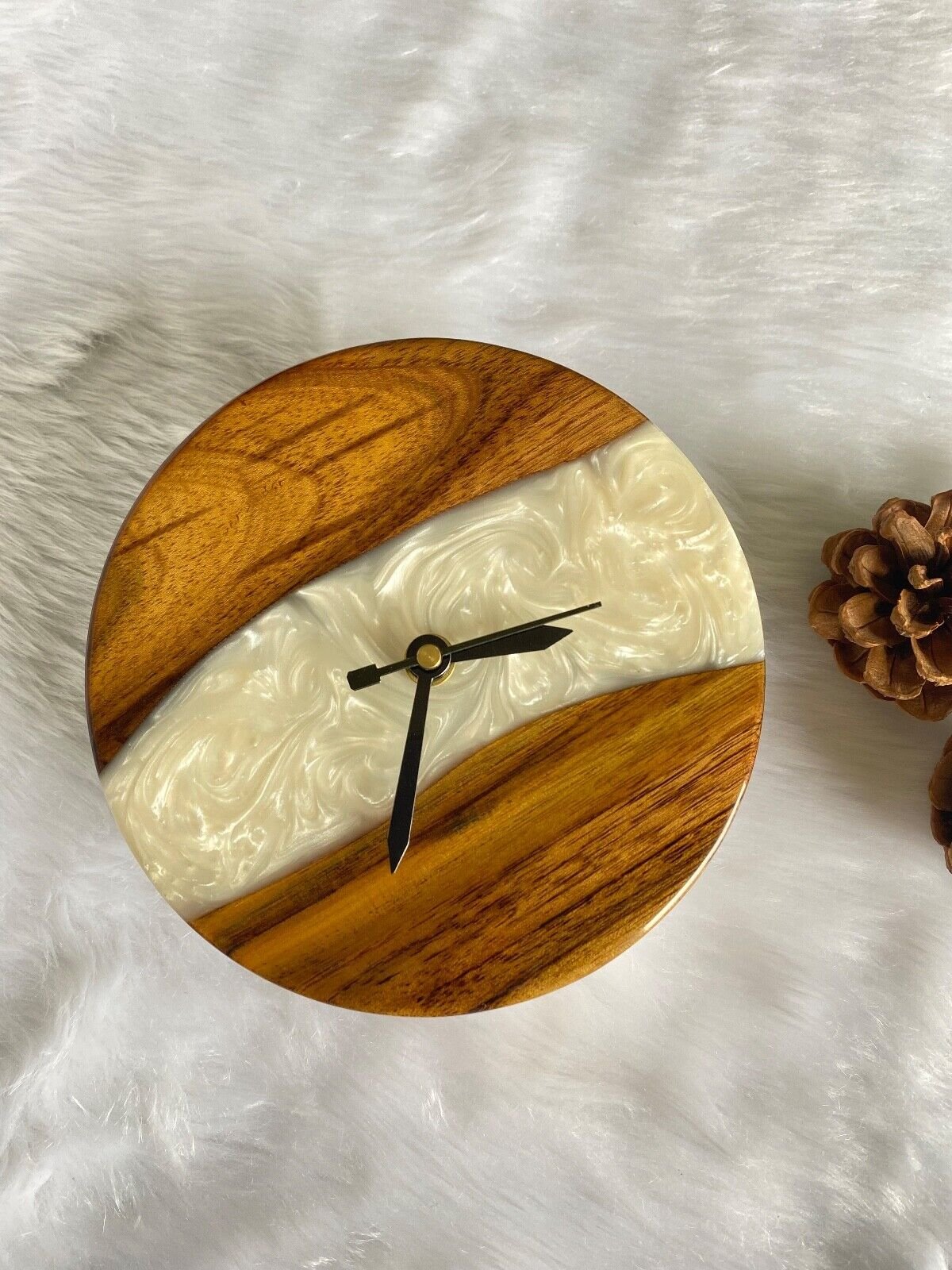 White and Wooden Abstract Epoxy Resin Table Clock