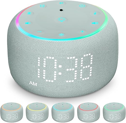 White Noise Machine Alarm Clock for Bedrooms - 5W Stereo Bluetooth Speaker - 24 Soothing Sounds - 9 Night Lights - Auto-Dimmable Digital Alarm Clock Sound Machine for Sleeping