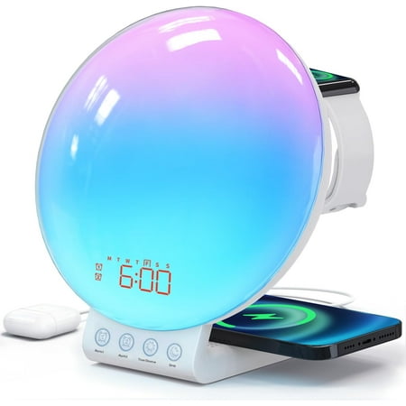 White Noise Sound Machine- Sunrise Alarm Clock with Wireless Charging Station, Compatible with iPhone/Apple Watch/Airpods, Sunset Lamp/ Wake up Light for Heavy Sleepers, Gifts for Kids, Teen, Adults