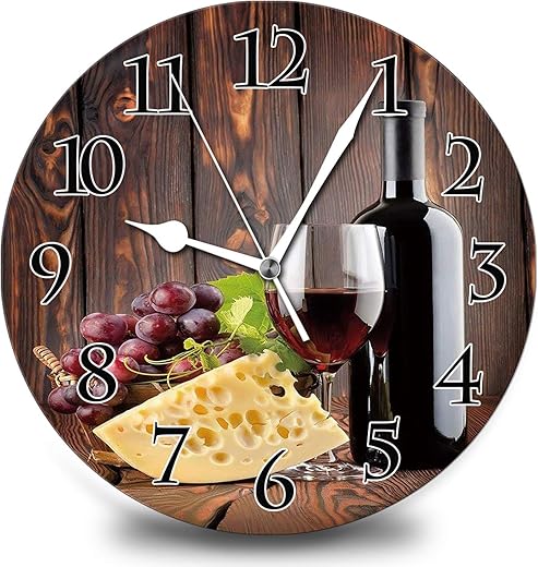 Wine Champagne Grape Vintage Home 14 Inch Silent Vintage Design Wooden Round Wall Clock Arabic Numerals Design Non Ticking Retro Clocks Home Decor Desk Clock