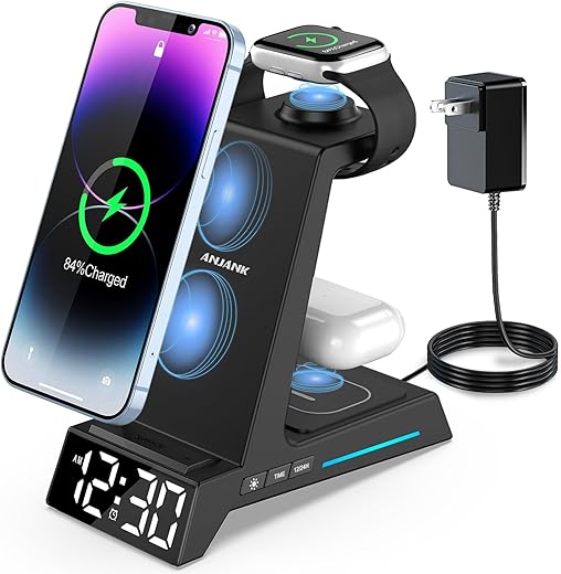 Wireless Charging Station - 4 in 1 Wireless Charger with Alarm Clock, Charging Stand Dock for iPhone 16 15 14 13 12 11 X 8 Samsung Phone, for AirPods 4 3 Pro, Apple Watch 9/8/7/6/5/SE/4/3/2