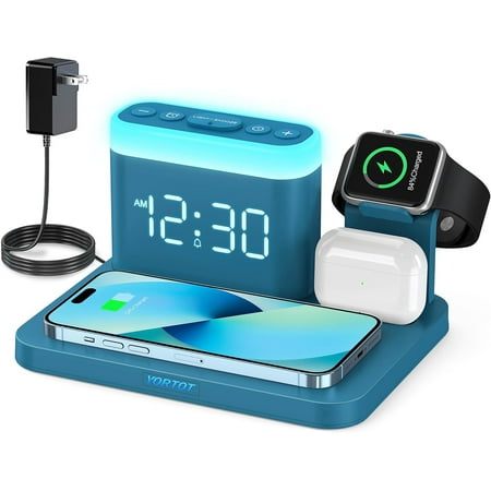 Wireless Charging Station Alarm Clock with 7 Multiple Colors Light - 5 in 1 Wireless Charger,Charging Dock for Apple Devices, for iPhone 15 14 13 12 11 Pro Max,Apple Watch,AirPods,0-100% Dimmer