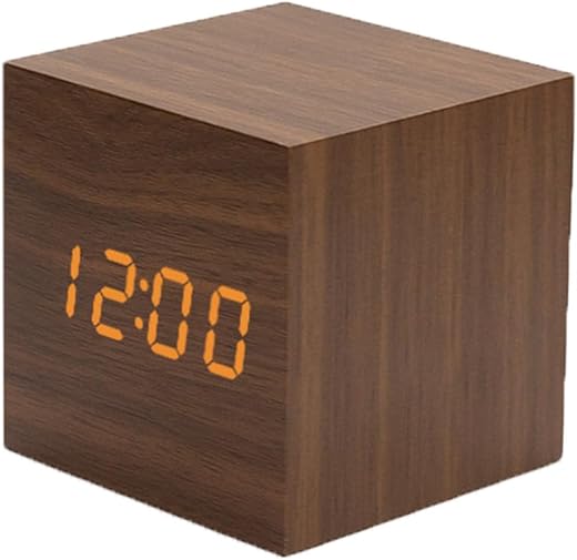 Wooden Alarm Clocks Digital LED Display with Voice Control Temperature Date Time Mini Cube Aesthetic Electric Clock for Bedroom Desktop Office Bed Travel Art Decoration Brown