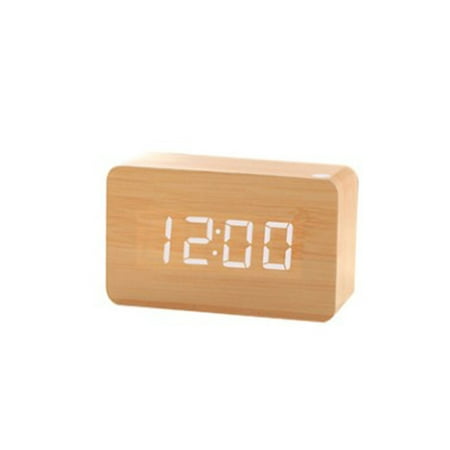 Wooden Alarm Clock Wood LED Square Cube Digital Thermometer Timer Calendar