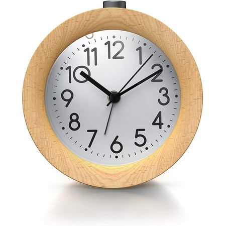 Wooden analog alarm clock battery powered non tick with snooze button, night light, gentle wake up