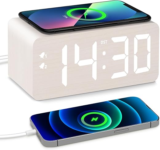 Wooden Digital Alarm Clock, 10W Fast Wireless Charger Station & 2 USB Charging Ports, with 0~99% Dimmer, Dual Alarm, Weekday/Weekend Mode, Wood LED Clock for Bedroom, Desk, Office