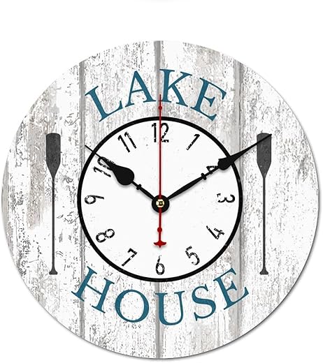 Wooden Wall Clocks Silent Non-Ticking, Lake House Rustic Themed Wooden Clock Round Home Wall Clocks Decor for Kitchen Bedroom Kids Room Outdoor, Battery Operated (10 Inch)