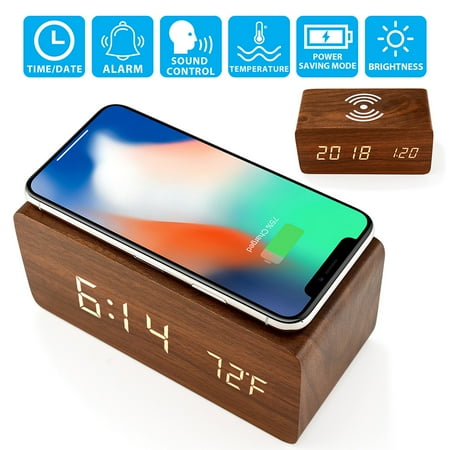 Wooden Wood Alarm Clock Qi Wireless Charging LED Sound Control Time Date Temperature - Brown