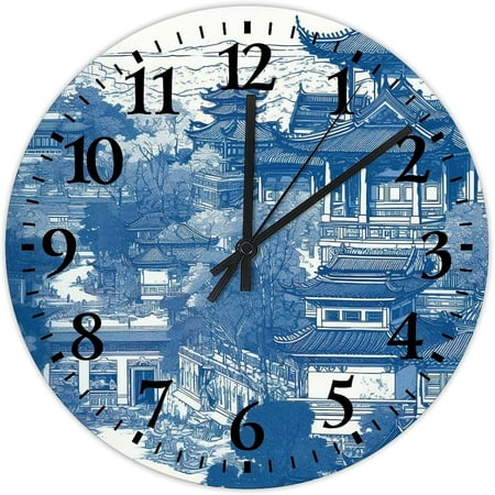 Wood Wall Clocks Battery Operated Non Ticking Chinoiserie Asian Pagoda White Blue Porcelain Modern Wall Clocks Chinoise Exotique Scenic Home Decoration For Fitness Room Bathroom Auto Shop 15 Inch