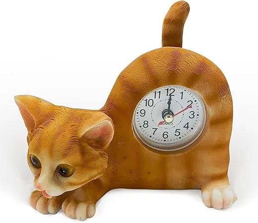 AIE GF65 Small Orange Tabby Cat Desk Clock with Wagging Tail