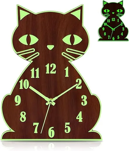 Night Light Wall Clock - Cat Wall Clocks Glow in Dark, Silent Non-Ticking Wood Clocks Battery Operated, Rustic Farmhouse Modern Clock Decorative for Kitchen Living Room Bedroom (12 Inch)