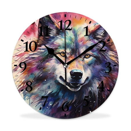 XNSJVGB Silent Non Ticking 10 inch Round Wall Clocks,Wolf Galaxy Animal art,Winter Birds Drawing,Decorative Clocks for Living Room Kitchen Bedroom