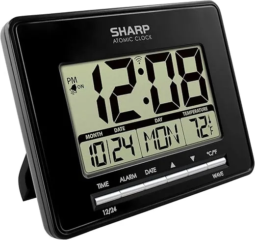 Sharp Atomic Desktop Clock – Auto Set Digital Alarm Clock - Atomic Accuracy - Easy to Read Screen with Time/Date/Temperature Display- Perfect for Nightstand or Desk