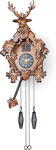 TIMEGEAR Cuckoo Clock with Automatic Night Mode, Quartz Movement and Carved Deer Head (Brown)