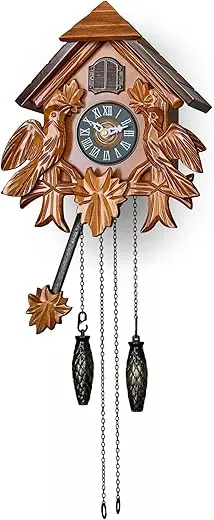 TIMEGEAR Cuckoo Clock with Night Mode, Quartz Movement and Wooden Decorations (Brown)